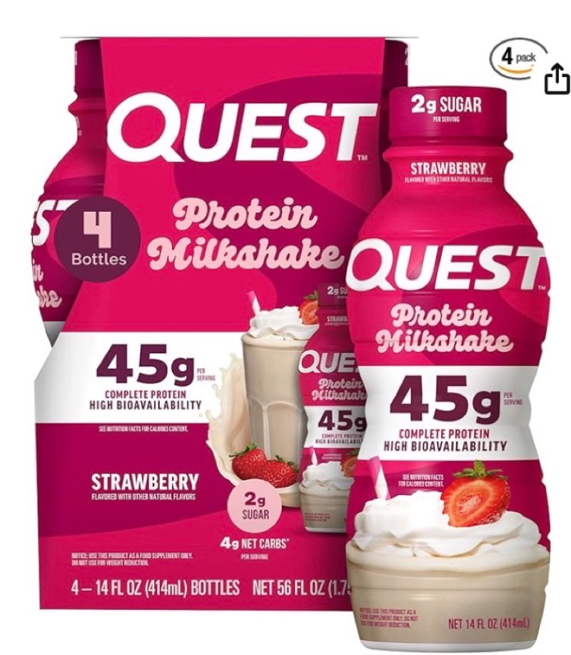 (best by  11 / 16 / 2026 ) quest nutrition protein milkshake, strawberry, 45g protein, 2g sugar, high protein, low sugar, glute