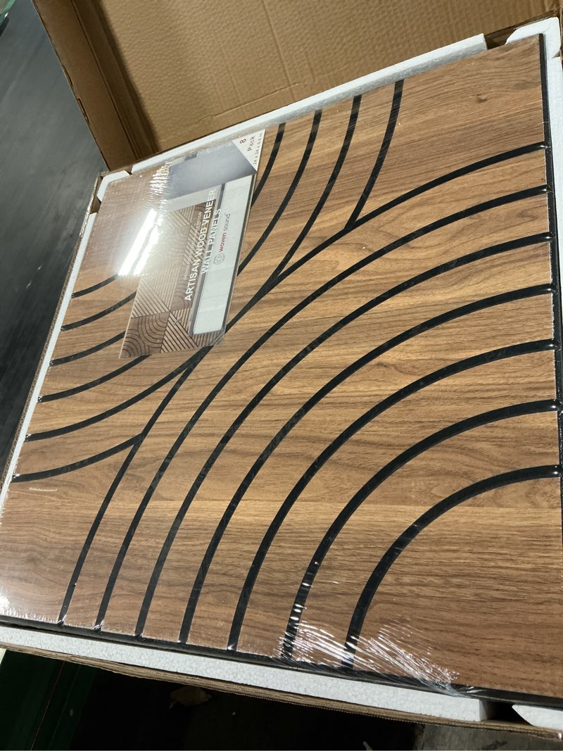 Condition photo showing New/Like New for woven sound acoustic wall panels, natural oak, 8 pack, 23.6x23.6 in | self-adhesive, peel and stick, artisan carving, echo reduction, sound proof, warm decor, studio, office, gaming interlaced arcs natural oak
