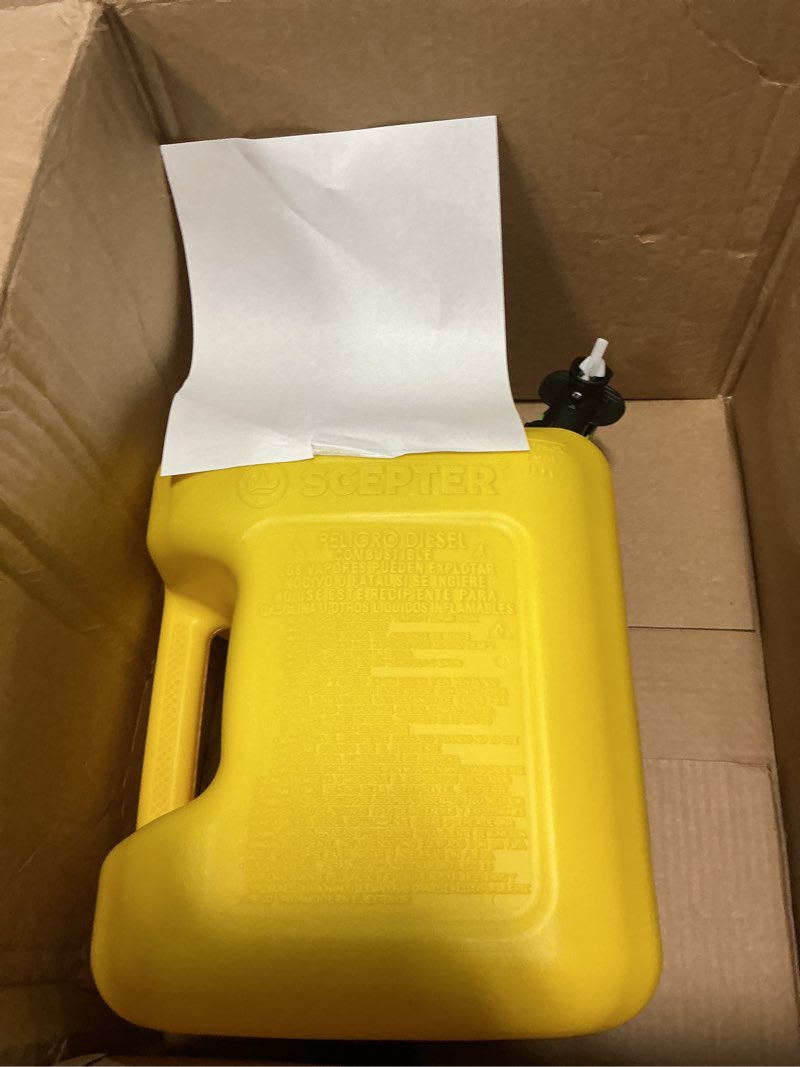 Condition photo showing As Is for scepter fscd552 fuel container with spill proof smartcontrol spout, yellow diesel can, 5 gallon yellow diesel can 5 gallon container