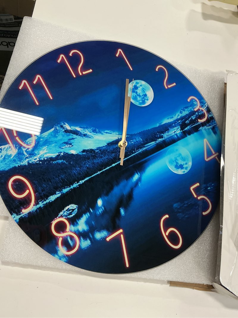 Condition photo showing Good Condition for Blue Wall Clock for Bedroom 12 Inch Natural Landscape Round Analog Clock Battery Operated Moon Wall Clock Non Ticking 12 Inch Blue6