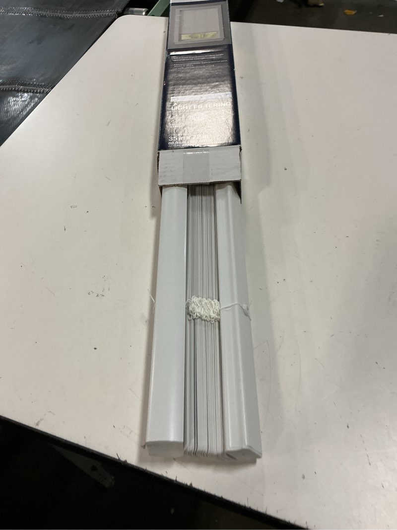 Condition photo showing As Is for project source light filtering 1-in slat width 35-in x 72-in cordless white vinyl light filtering mini-blinds