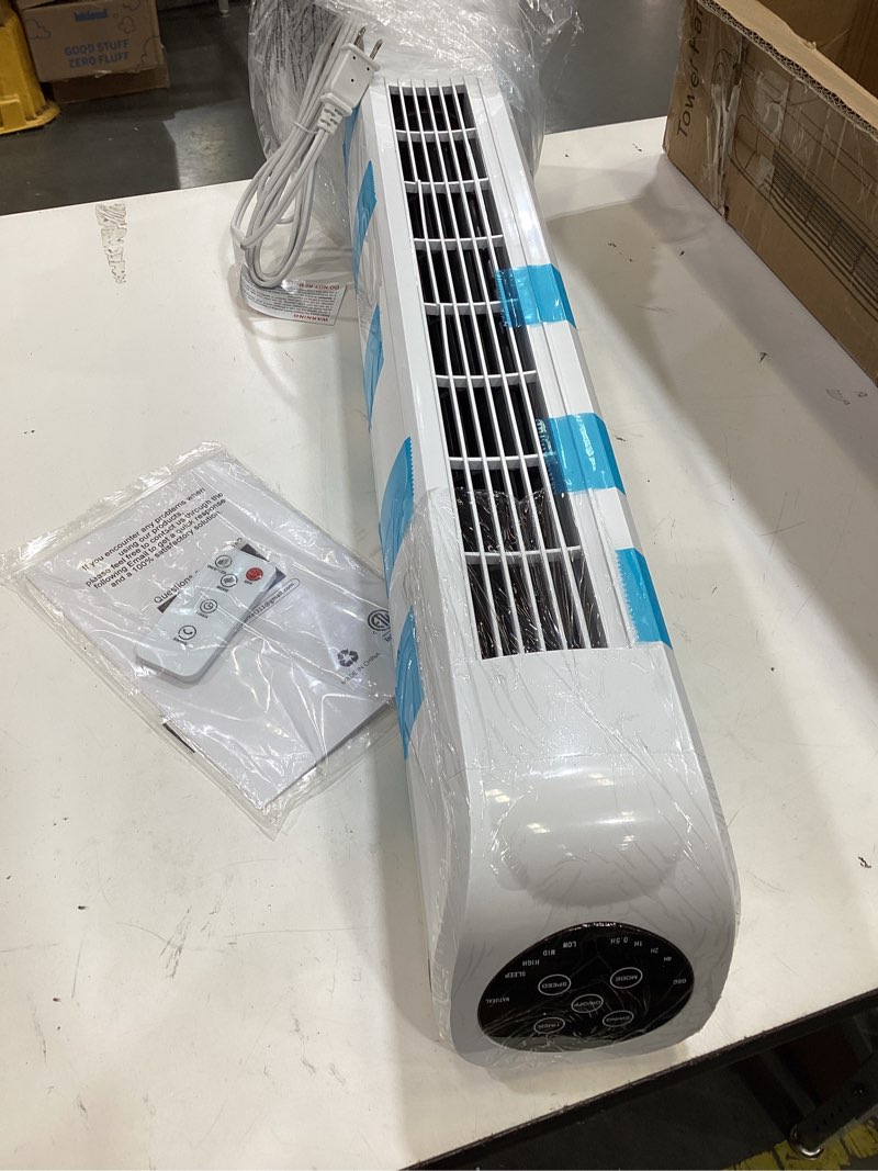 Condition photo showing As Is for uthfy oscillating bladeless tower fan with remote, quiet cooling portable, electric standing floor fan with 3 wind speeds 3 modes for bedroom,indoor,office and home use, 30", white white fan