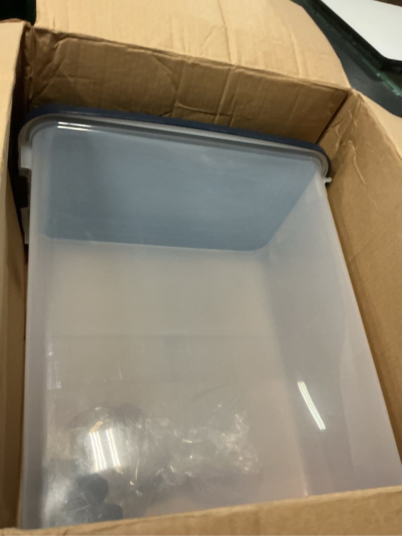 Condition photo showing Good Condition for iris usa airtight dog food storage container, up to 40 lbs, attachable wheels, for dog cat bird and other pet food storage bin, keep fresh, translucent body, easy mobility, navy 40 lbs navy