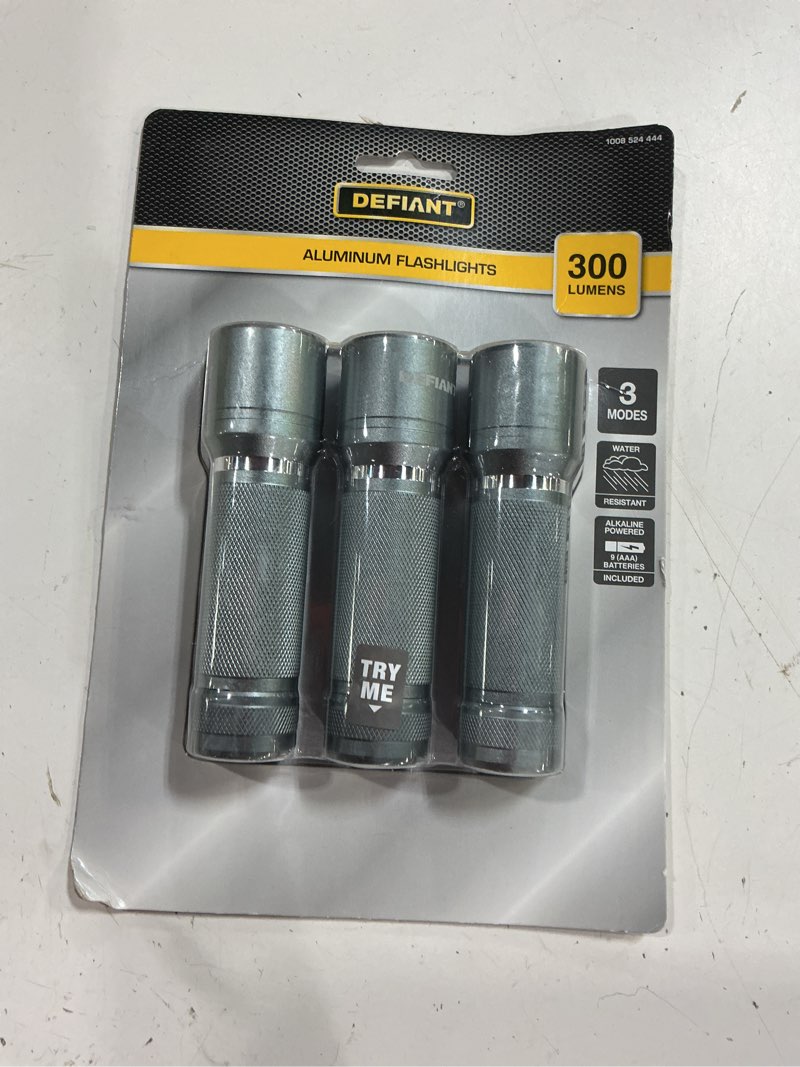 Condition photo showing New/Like New for 3-pack 300-lumen aluminum flashlights