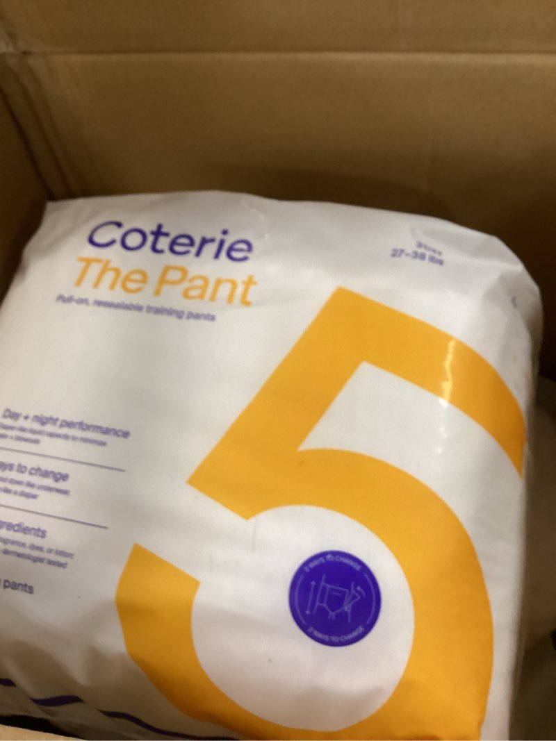 Condition photo showing New/Like New for Coterie The Pant, Size 5, Refastenable Training Pants for Sensitive Skin, Hypoallergenic, Super Absorbent Overnight Leak Protection, 3T/4T (27-38 lbs) 112 Count Size 5, 27-38 Pound (112 Count)