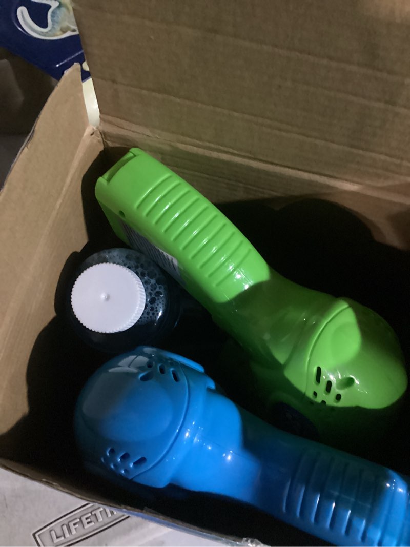 Condition photo showing Good Condition for joyin 2 kids bubble gun with 2 bottles refill solution, bubble machine gun for toddlers 1-3 kids 4-8, party favors, summer toy, outdoors, easter, birthday gift blue+green