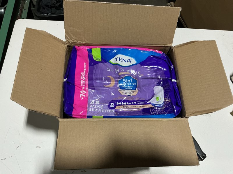 Condition photo showing Good Condition for Tena Sensitive Care Incontinence Pads, Bladder Control, Postpartum for Women, Overnight Absorbency, Extra Coverage, 48 Count