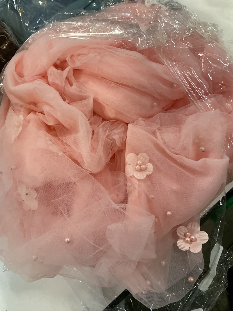 Condition photo showing As Is for 6 pcs 29x120'' pearl tulle table runner wedding decor floral table runner with pearl boho sheer fabric tablecloth wedding tablecloths for bridal baby shower birthday arch(nude pink)