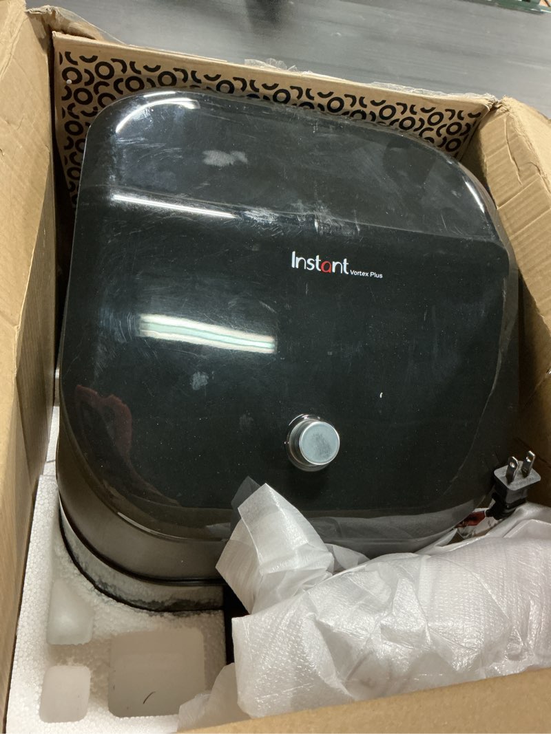Condition photo showing As Is for instant pot vortex plus 6qt clearcook air fryer, clear windows, custom program options, 6-in-1 functions, crisps, broils, roasts, dehydrates, bakes, reheats, from the makers of instant pot, black vortex plus 6 quarts
