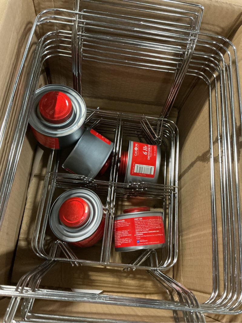 Condition photo showing As Is for alpha living 6 pack - disposable chafing dish buffet set, half size pans, welded body food warmers for parties, fuel cans complete set, warming trays complete kit (with racks)