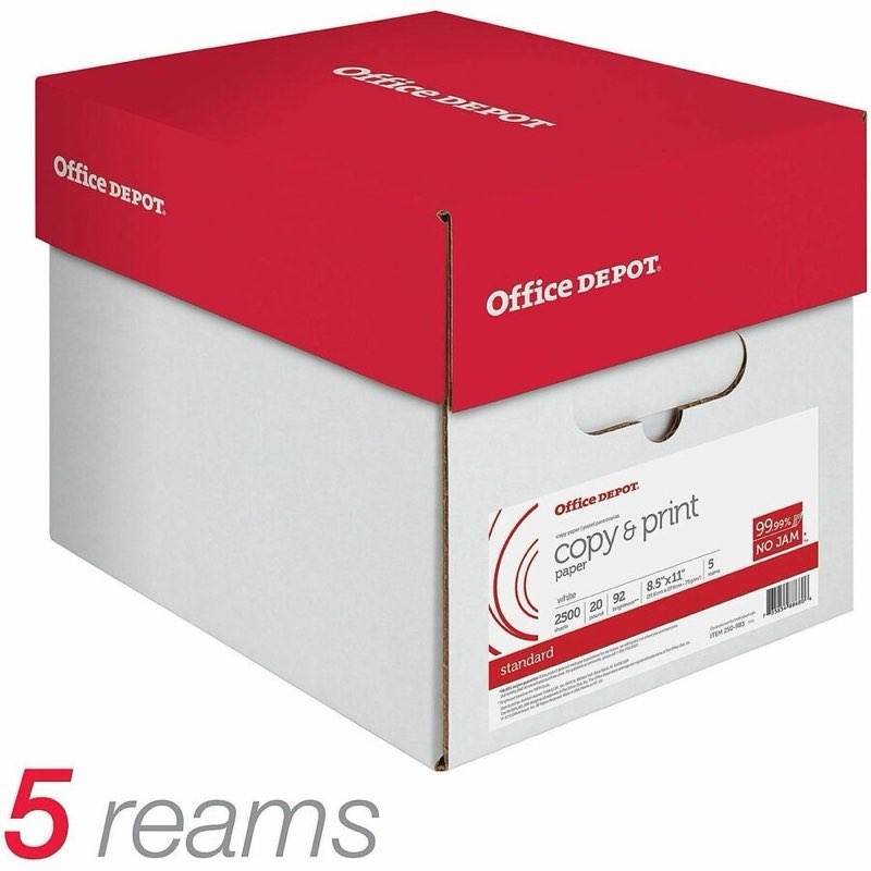 Office Depot® Multi-Use Printer & Copy Paper, 5 Reams, White, Letter (8.5" x 11"), 2500 Sheets Per Case, 20 Lb, 92 Brightness, 851201CS - 92 Brightness - Letter - 8 1/2" x 11" - 20 lb Basis Weight - Standard