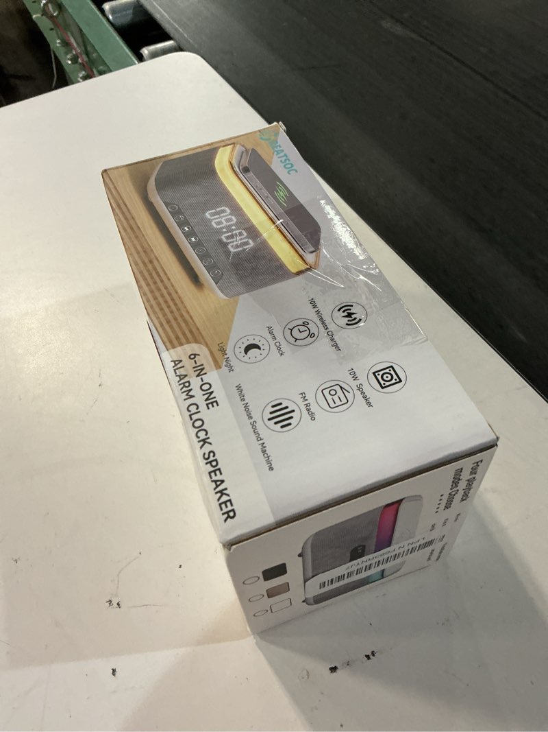 Condition photo showing New/Like New for bluetooth speaker alarm clock with 10w fast wireless charger for iphone samsung, 10w stereo bluetooth speaker, 12-color night light, white noise machine digital clock with fm radio for bedroom (gray)