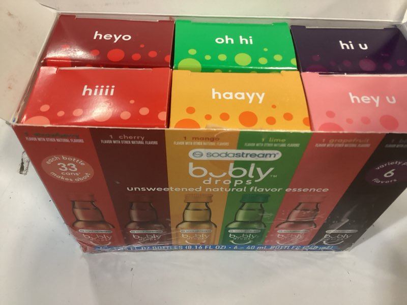 Condition photo showing New/Like New for BB06/22/2026)SodaStream - Bubly Fruit Drops for Sparkling Water | Natural Fruit Flavor | Zero Calories, No Sweeteners | Create Your Own Bubly with SodaStream | Variety Pack, Bubly Original, Pack of 6 | 8 Fl Oz Bubly Original Variety Pack 8.16 Fl Oz (Pack of 1)