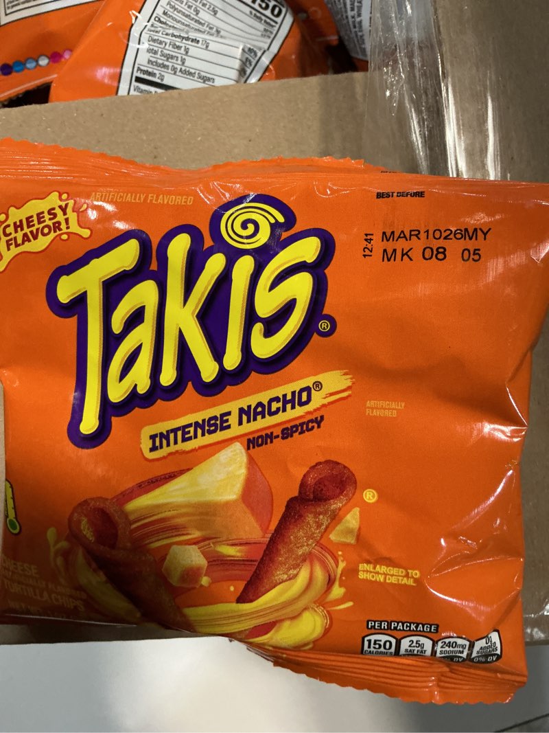Condition photo showing New/Like New for Takis Intense Nacho 40 pc / 1 oz Multipack - Cheddar Cheese Flavored Non-Spicy Rolled Tortilla Chips - Individual Bags, Perfect for Tailgates, Parties, Lunchboxes or Lunches Intense Nacho 40 Count (Pack of 1)
