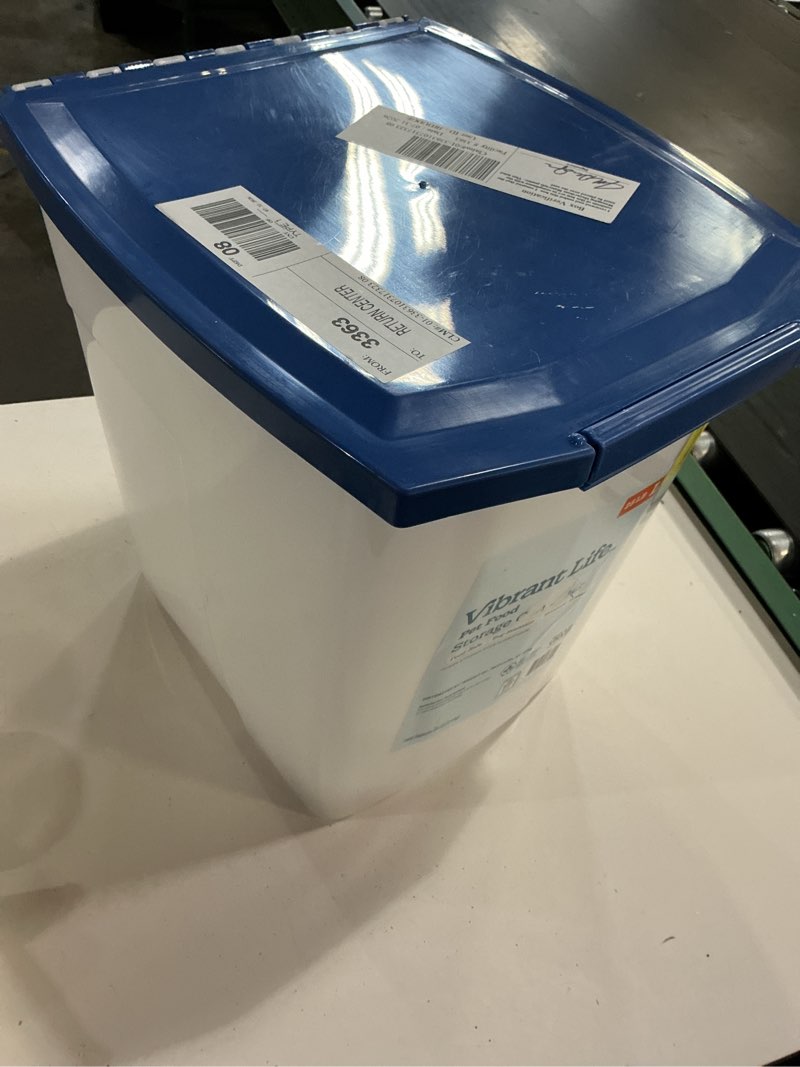 Condition photo showing As Is for vibrant life pet food storage container with wheels, large, 25 lb capacity