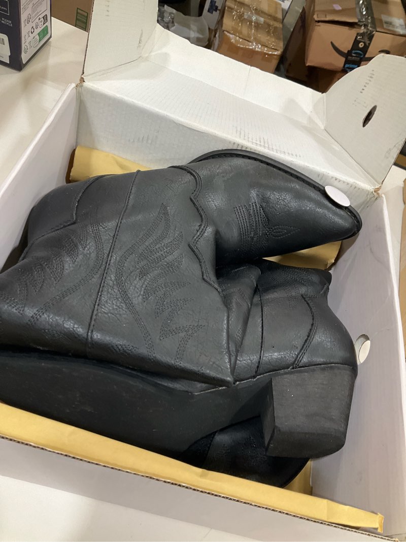 Condition photo showing As Is for Rollda Cowboy Boots for Women Cowgirl Boots Embroidered Knee-High Western Boots Pointy Toe with Chunky Heel 10 Matte Black