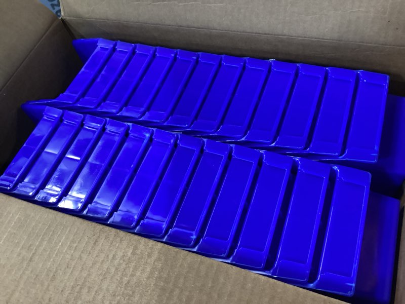 Condition photo showing New/Like New for Akro-Mils 30120 Plastic Shelf Bins, Heavy Duty Storage Bins for Garage, Closet, and Drawer Organization, 12-Inch x 4-Inch x 4-Inch, Blue, 24-Pack Blue Bin Box