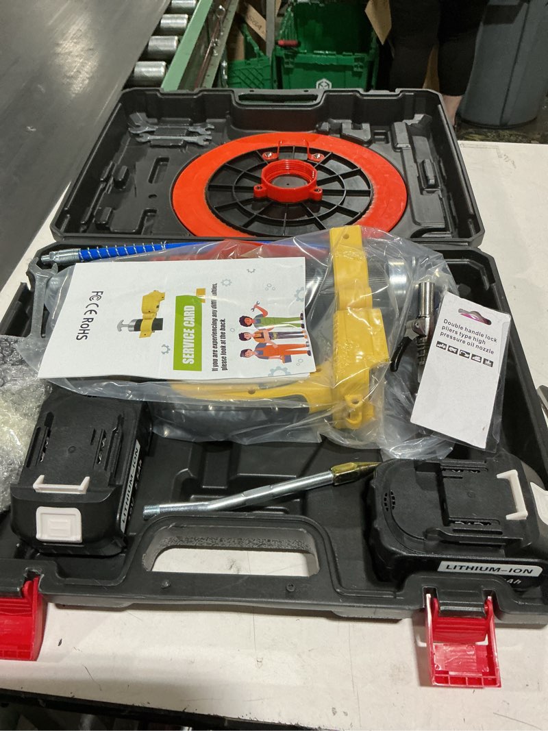 Condition photo showing As Is for electric grease gun battery powered, cordless grease gun kit with led light, 2x 5500 mah batteries & charger, 12000psi, 3-speed triggers, 19.7'' flex hose, for automotive marine farm equipment