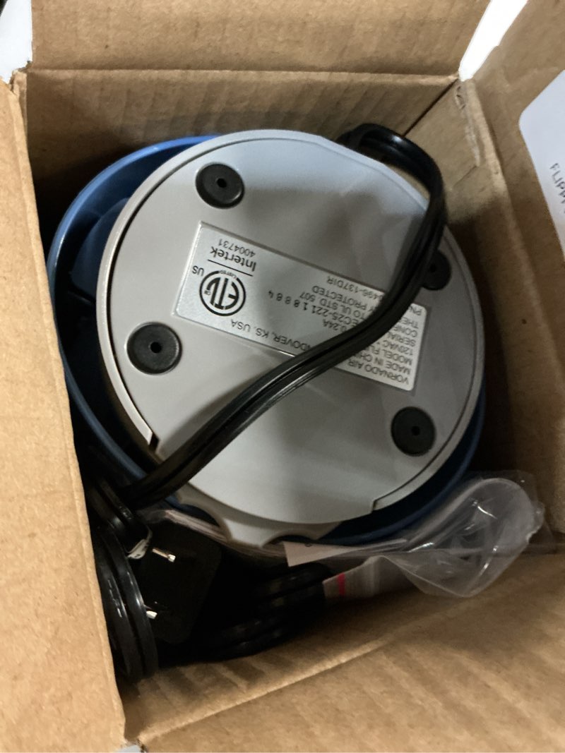 Condition photo showing As Is for vornado flippi v6 compact air circulator fan, 3.2" tabletop fan, adjustable head, 2 speeds, blue