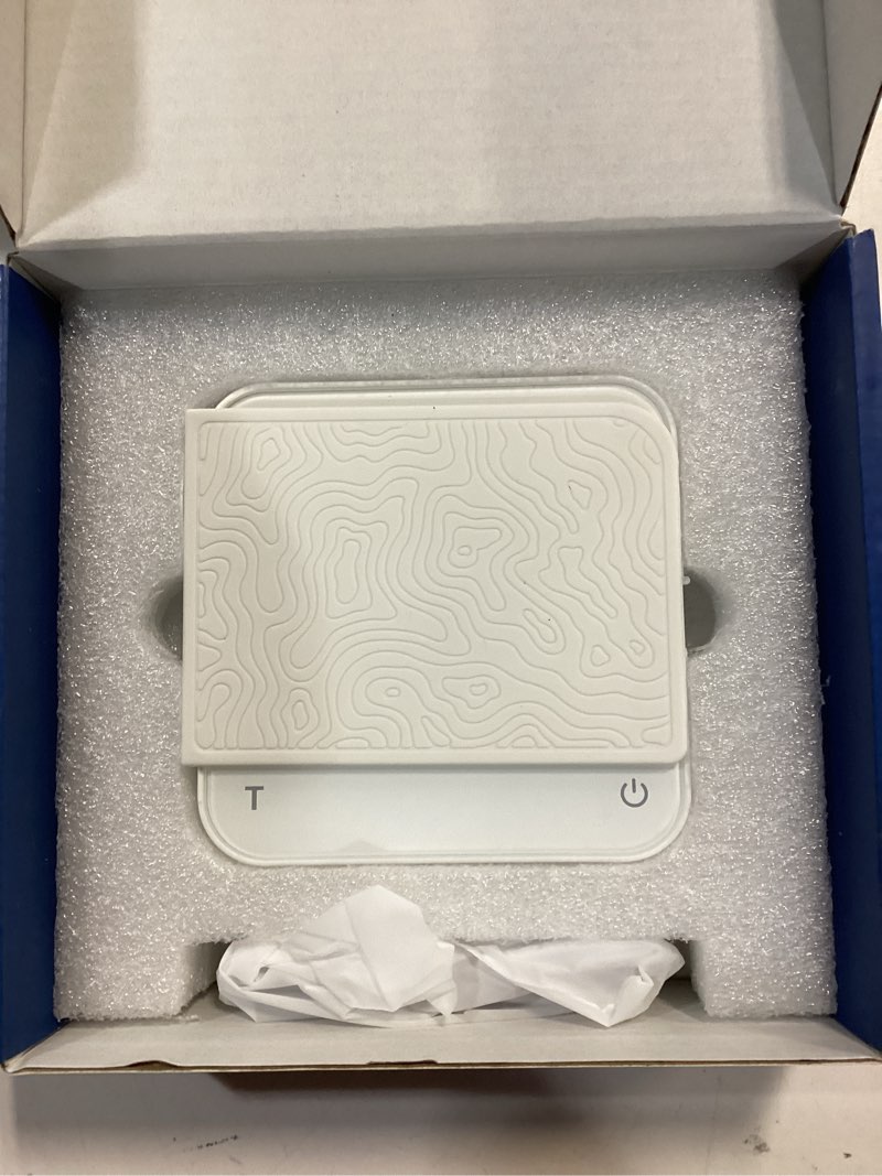 Condition photo showing New/Like New for Mini Coffee Scale with Timer – Digital Barista Weight Scale with Designer-Patterned Tamper Mat, 0.1g High Precision, Portable & Rechargeable for Espresso, Pour Over, Drip, and Kitchen Brewing Use White