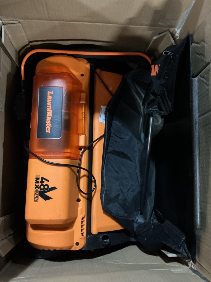 Condition photo showing Good Condition for lawnmaster 48v max brushless 16” 2-in-1 cordless dethatcher and scarifier with removable thatch collection bag quick-fold – clgvb4816