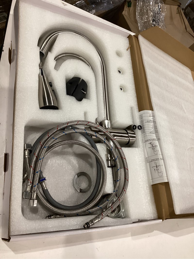 Condition photo showing Good Condition for kitchen sink faucet with pull - down sprayer, 2 - handle 3 - in - 1 kitchen sink filter faucet, cold and hot mixer drinking water faucet (3-in-1 filter faucet, brushed nickel-1)