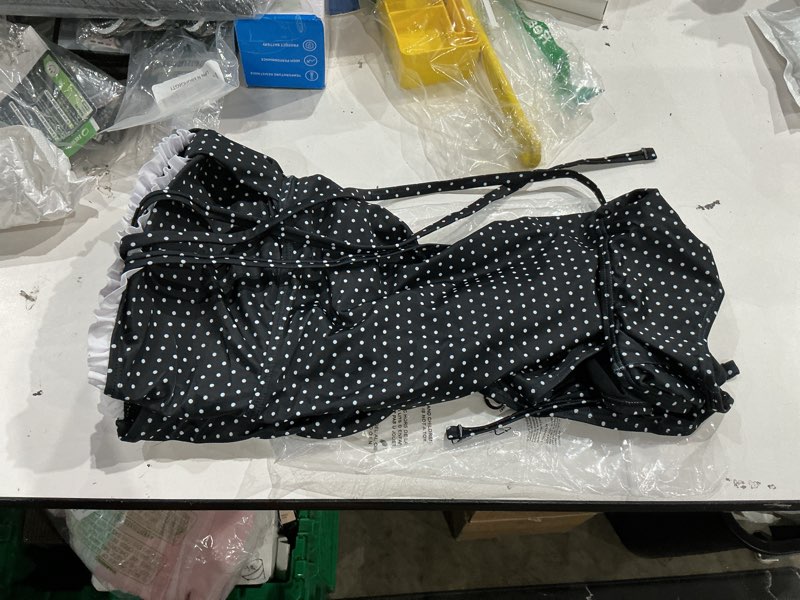 Condition photo showing As Is for herseas women’s striped one piece swimsuits tie shoulder high cut tummy control bathing suit 2026 summer beach swimwear x-large black with white dots?