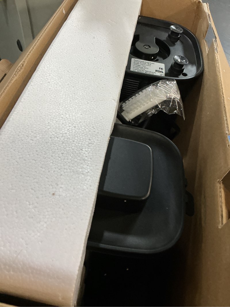 Condition photo showing As Is for juicer machines, cold press juicer for whole fruits and vegetables, slow masticating for high juice yield, 5.5" large feed chute, easy to clean, bpa free, powerful brushless motor, black