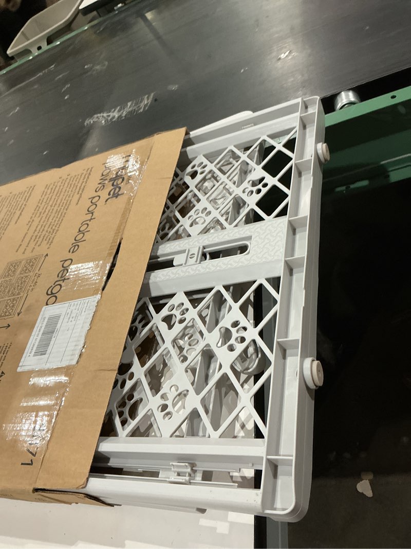 Condition photo showing Good Condition for mypet north states paws portable pet gate: 26-40" wide. pressure mount. no tools needed. made in usa. dog gate 23" tall, expandable, durable dog gates for doorways, light gray