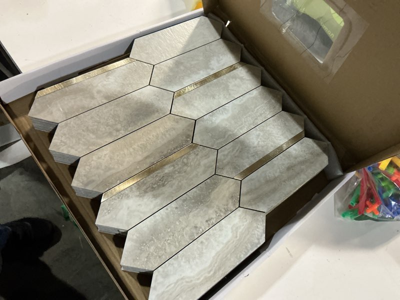 Condition photo showing Good Condition for kasaro peel and stick backsplash long hexagon wall tile, 10-pieces pvc self adhesive mosaic tiles, marble beige slate with vintage gold stripes decorative for kitchen, bathroom and fireplace