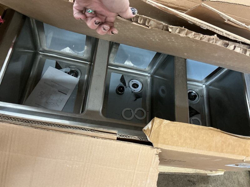 Condition photo showing As Is for Profeeshaw NSF 3 Compartment Sink Commercial of Stainless Steel with 10'' x 14'' x 10'' Bowl Bar Utility Basin for Restaurant, Bar, Utility Room and Garage