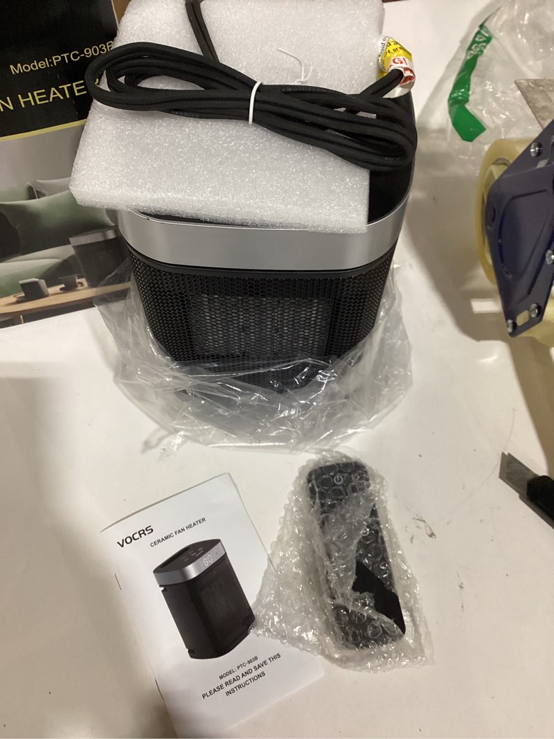 Condition photo showing Good Condition for small portable space heater for indoor use - vocrs 1500w ptc electric heater with thermostat, remote control, 12h timer, eco and fan mode, rapid and safe heating for bedroom, office