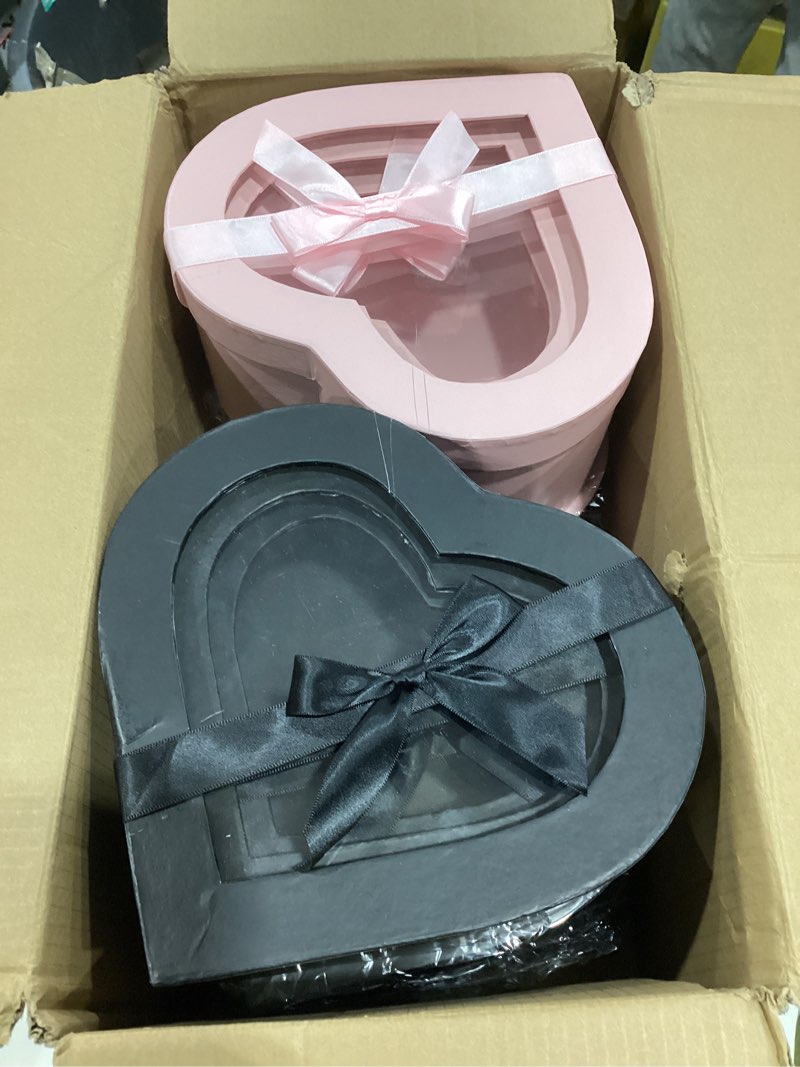 Condition photo showing As Is for 12 Pcs Valentine's Day Heart Shaped Boxes for Flower Arrangements Heart Gift Box with Transparent Window Lids for Bridesmaid Proposal Wedding Birthday, 3 Sizes(Black, Pink)