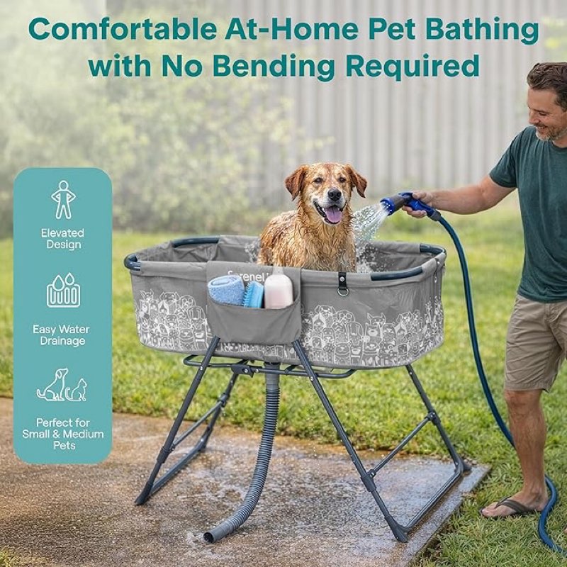 serenelife foldable dog bath tub with adjustable height, 360° access, drain hose & storage pockets – 130 lb capacity grooming station for indoor/outdoor use (gray)