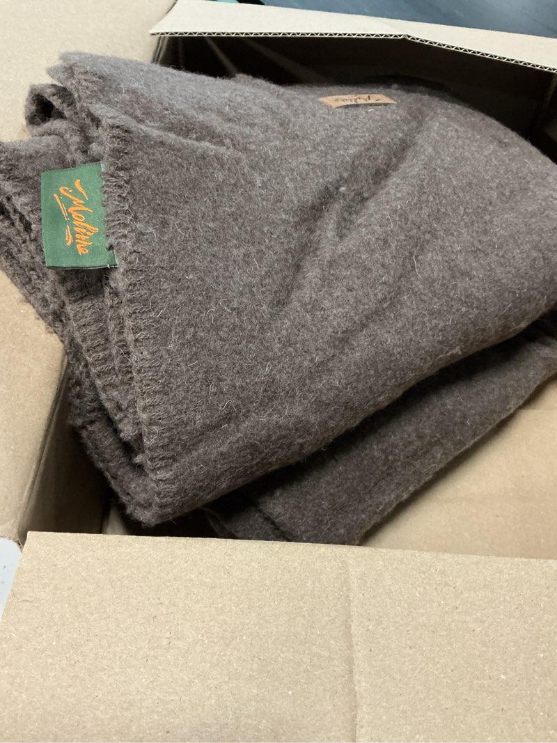 Condition photo showing As Is for molithe 100% wool blanket, 62" x 86", warm, thick, washable, military | great for camping, outdoors, sporting events, survival kits, brown brown large