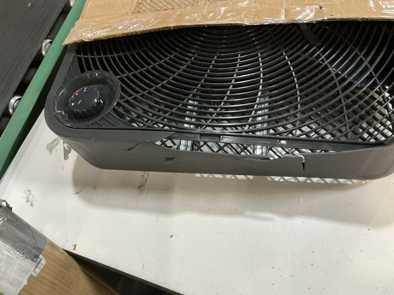 Condition photo showing As Is for pelonis 20 inch box fan – 3 speeds, window fans, floor or tabletop, 25ft/s, superior air throw (2295 cfm), lightweight, 5 blades, fans for bedroom, office, living room, garage black upgraded