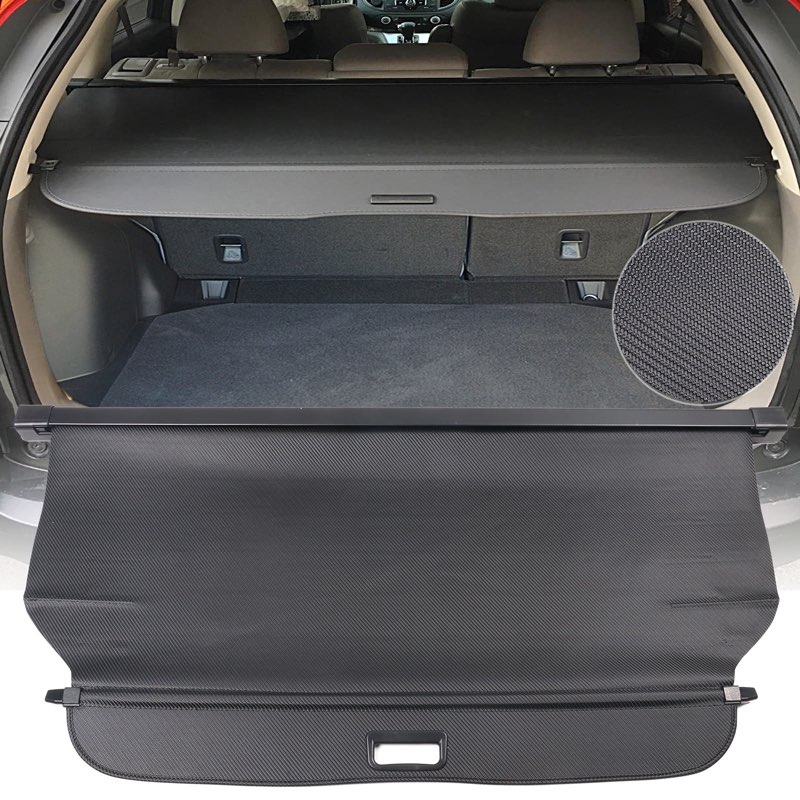 Ikon Motorsports Retractable Rear Trunk Security Cargo Cover Tonneau Added on Bodykit Replacement Compatible With 2012-2016 Honda CR-V Black PVC & ABS & Aluminum CF Texture Style
