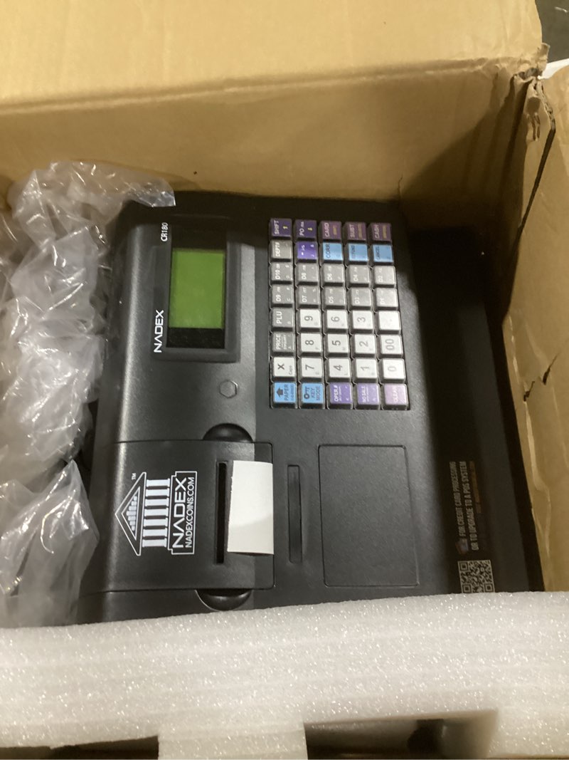 Condition photo showing As Is for nadex cr180 electronic cash register, steel cash drawer, compact design, black