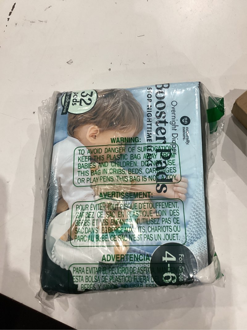 Condition photo showing As Is for naturally nature overnight diaper booster pads, stops overnight leaking, diaper liners for toddler, nighttime diapers size 5, adhesive pad for girls, boys, 32 ct.