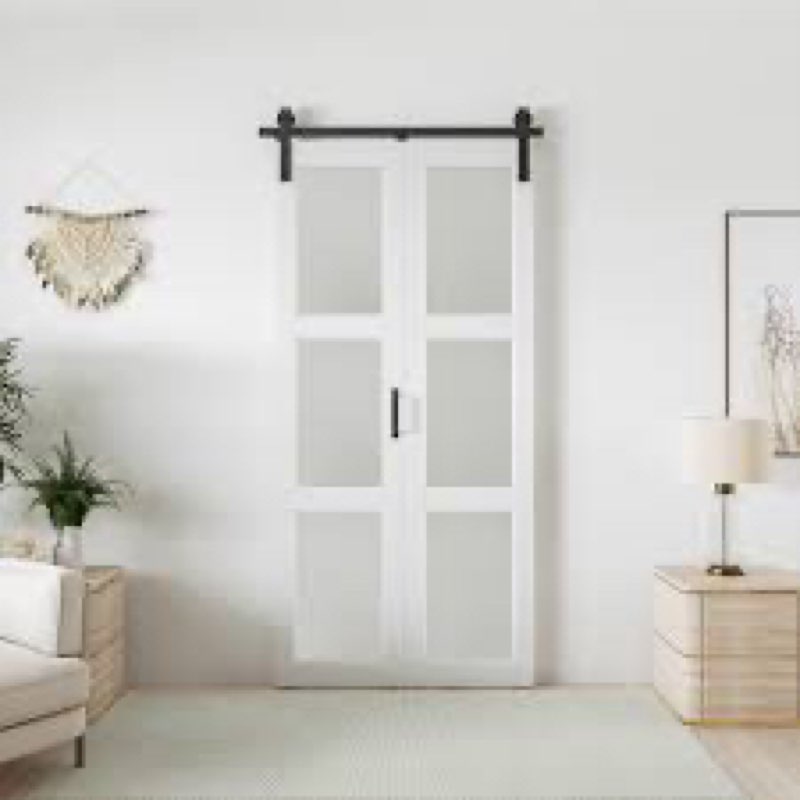 3-Lite 84" Manufactured Wood and Glass Paneled Bifold Barn Door with Installation Hardware