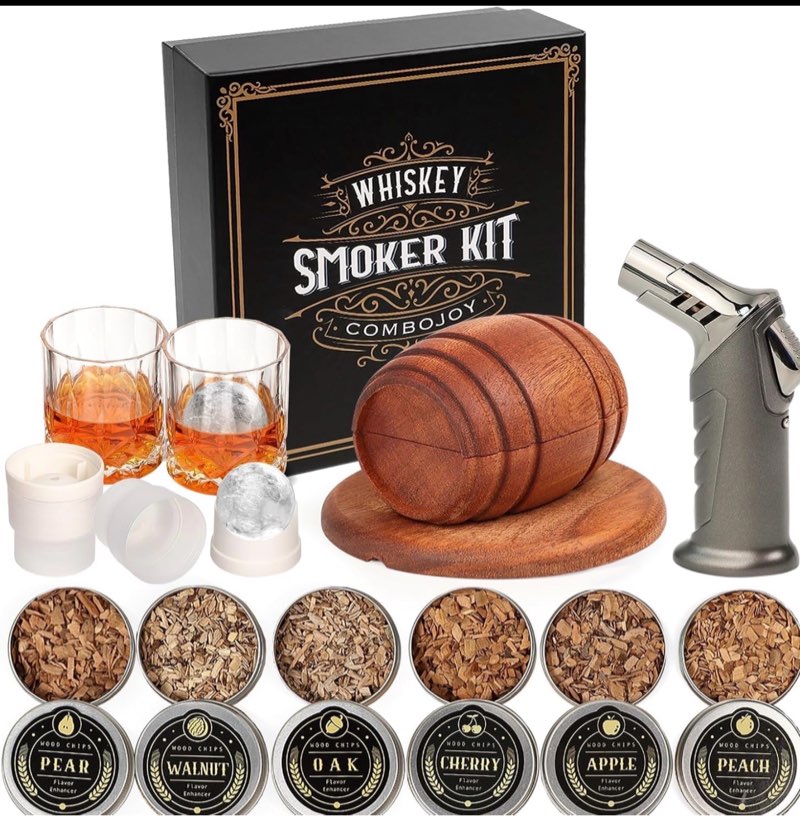 Whiskey Smoker Kit with Torch - 6 Flavors Wood Chips, 2 Glasses, 2 Ice Ball Molds - Cocktail Smoker Infuser Kit, Old Fashioned Drink Smoker Kit, Birthday Bourbon Whiskey Gifts for Men,Dad(NO Butane)