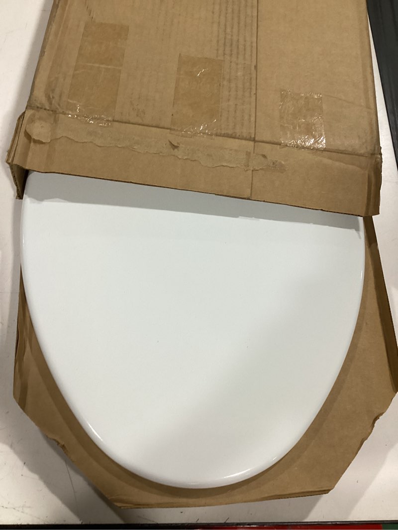 Condition photo showing Good Condition for church toilet seat, easy clean hinges release for deep cleans, durable enameled wood seat, elongated, white elongated white