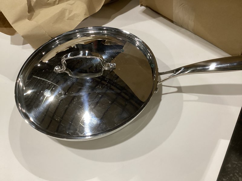 Condition photo showing Good Condition for All-Clad D3 12\\\" Stainless Steel Frying pan W/Lid, 3-Ply Stainless Steel Pan, Induction, Oven Broiler Safe 600F Skillet, Professional Cookware, Silver Silver 12 inch with lid, SIMILAR TO STOCK PHOTO, AS IS