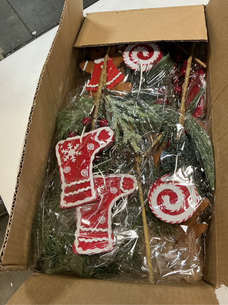 Condition photo showing New/Like New for 6 PCS Christmas Decoration Stems 21-inch Pine Needle Candy Gingerbread Man Cookie Stems Christmas Vase Tree DIY Wreath Gift Decoration Winter Festival Indoor Outdoor Decor