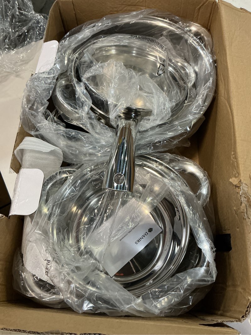 Condition photo showing Good Condition for Daniks standard 5-piece stainless steel kitchenware set (does not include glass lids) includes saucepan, three-layer bases for ideal heating, induction compatible, dishwasher safe, built-in measuring scale, 5-piece silver set with saucepan