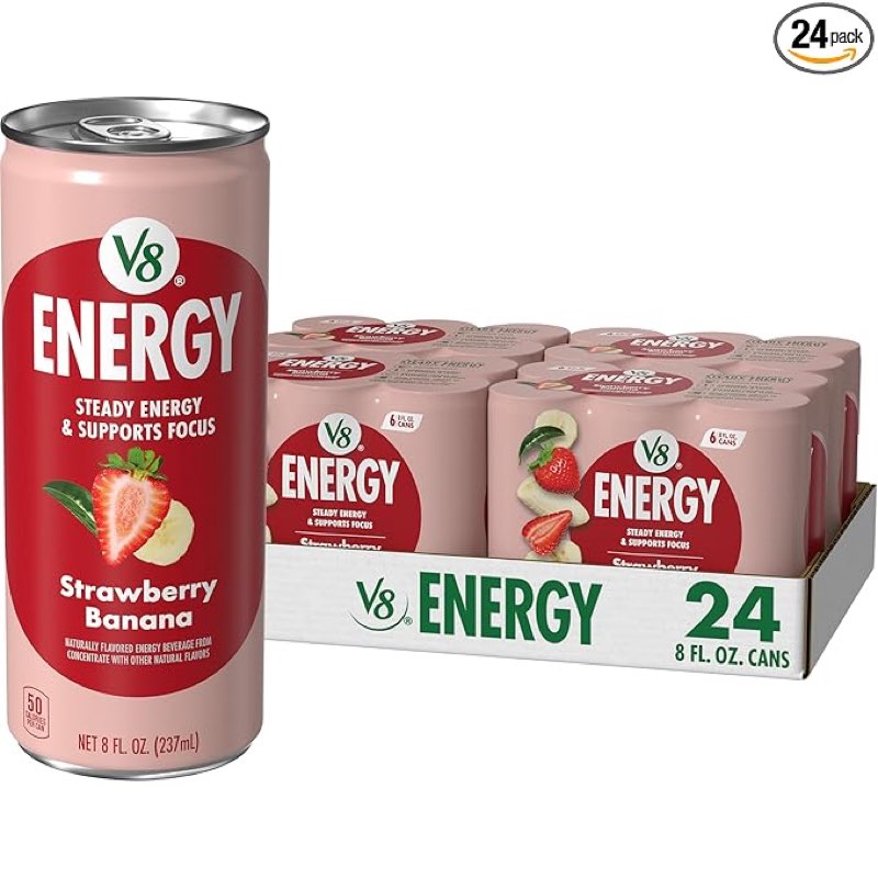 (Best by Mar 15/2026) V8 +Energy Strawberry Banana Juice Energy Drink, 8 fl oz Can (24 Pack)
