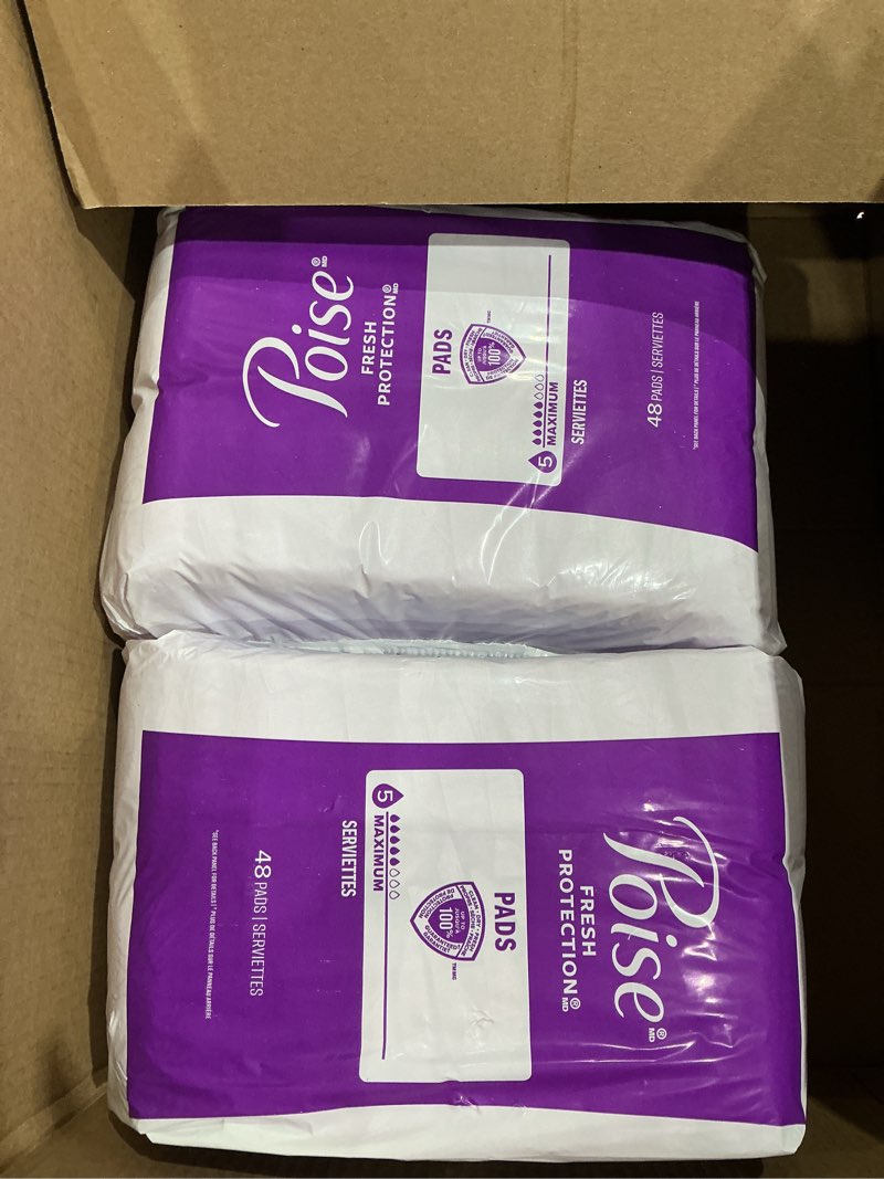 Condition photo showing New/Like New for poise incontinence & postpartum pads for bladder leaks, 5 drop maximum absorbency, regular length, 96 count, packaging may vary