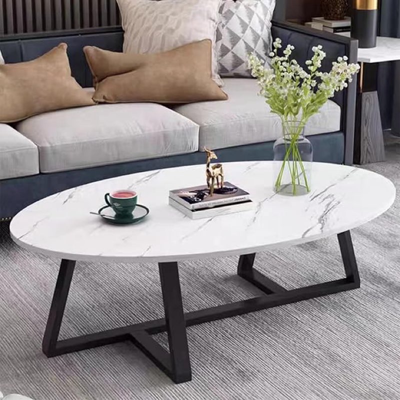 Coffee Table Small Oval Table,White Faux Marble Table for Living Room, Modern Center Tea Tables for Small Space,Wooden Tables End Tables with Sturdy Black Metal Leg