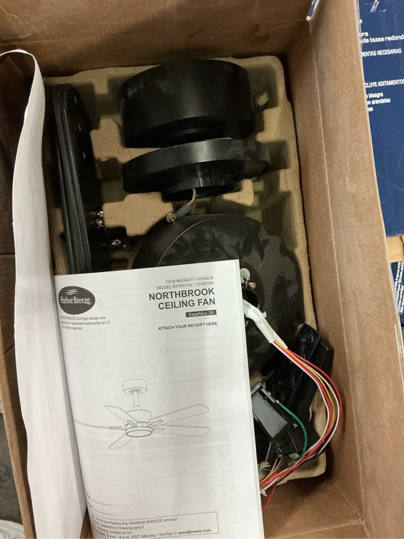 Condition photo showing As Is for  harbor breeze northbrook 52-in matte black with matte blades led covered outdoor ceiling fan