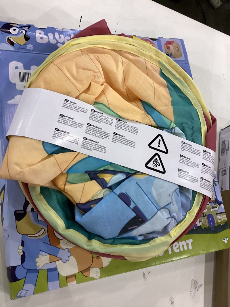 Condition photo showing As Is for Pop N Fun Bluey Pop-Up Tent, Multicolor Easy Storage Pop Up Play Tent with Roll-Up Door & Peep Window, Indoor/Outdoor Toddler Playhouse for Ages 2+